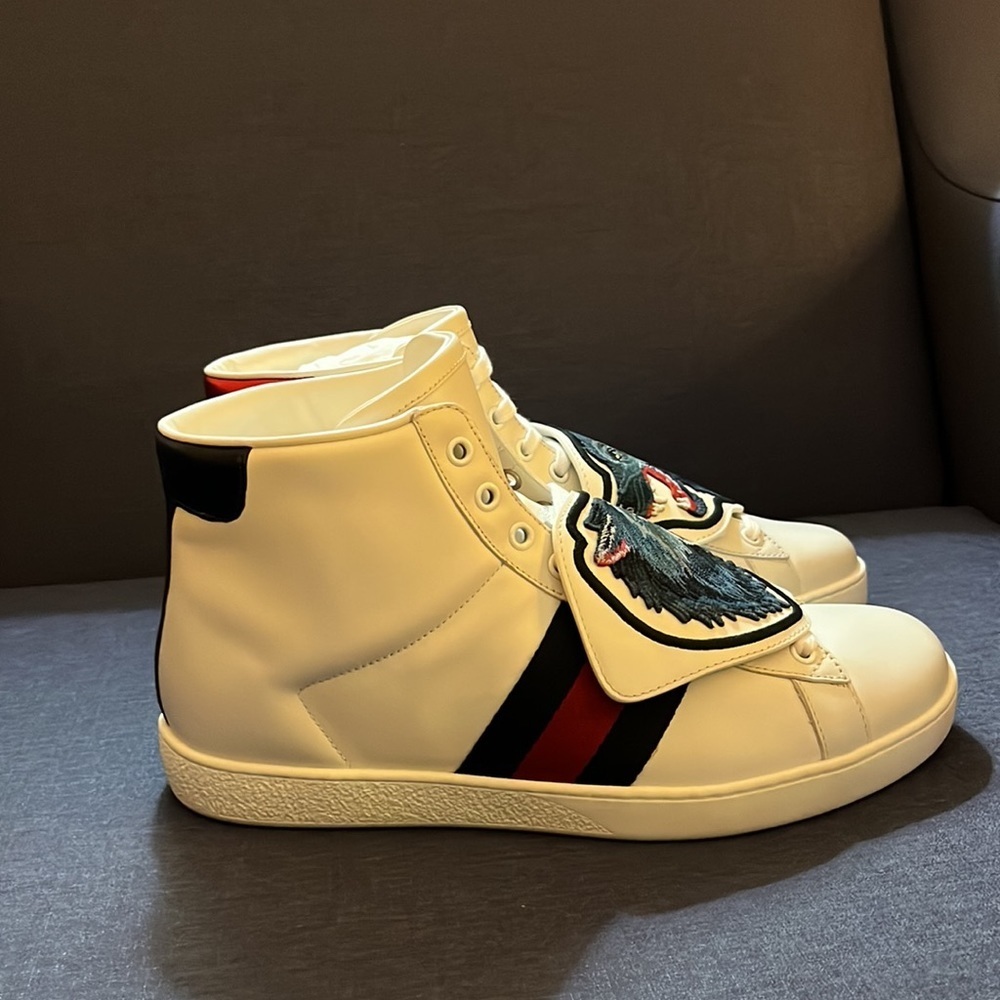 ONE DAY SALE!!! Gucci men’s GG web logo wolf patch ace high top sneakers NWB - Picture 8 of 10